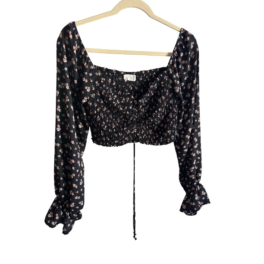 Altered State Black‎ Floral Smocked Crop Top Long Sleeve Ruffle Cuff Small